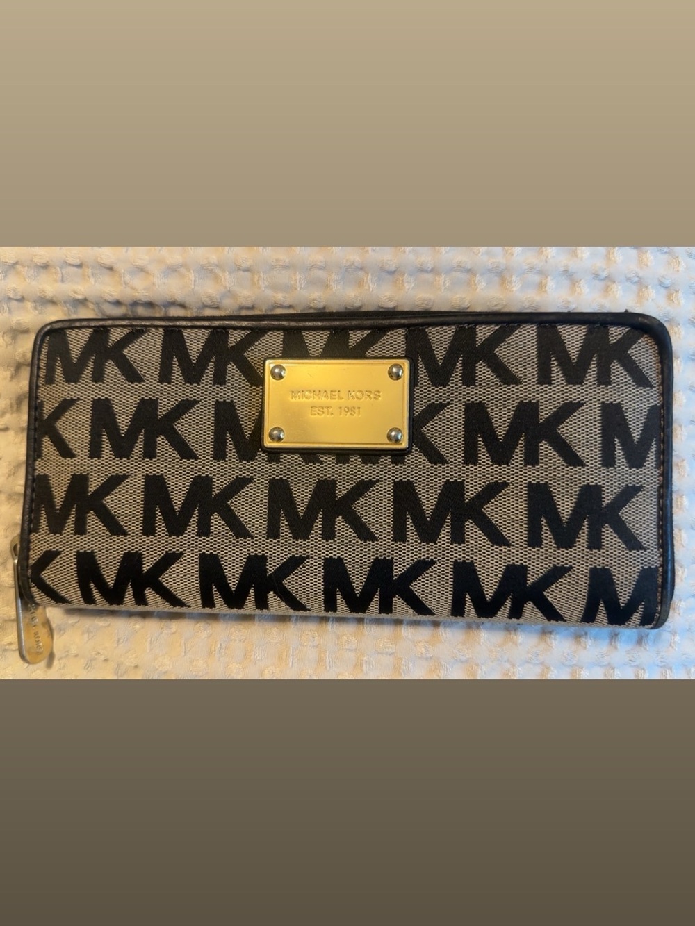 Michael Kors Black MK Logo Zip-Around Wallet with Gold Plaque